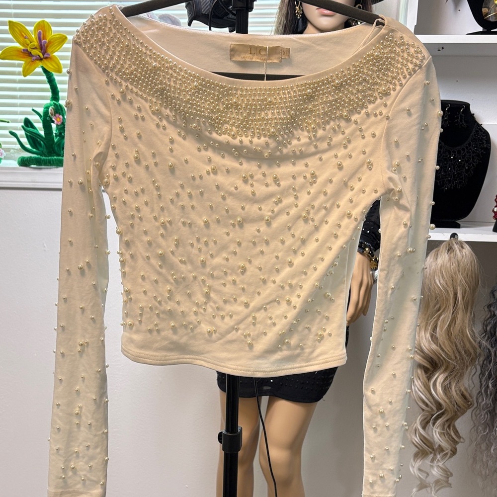 Elegant Cream Beaded Women's Top